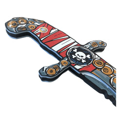 Liontouch Pirate Knife features a black and white skull design on a red and white striped background with matte and glossy fi