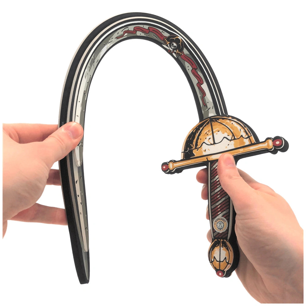 Liontouch Pirate Sword with glossy red and yellow top, matte black bottom, curved shape, and circular emblem.