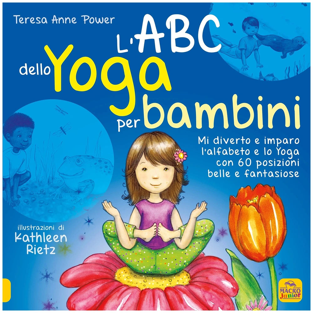 MACRO JUNIOR - ABC of Yoga for Kids book cover features colorful illustrations on a glossy blue background with white and yel