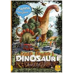 MACRO JUNIOR book cover featuring "COSA FAMMO I DINOSAURI" by Emilia Dzubak with orange border and green foliage background.