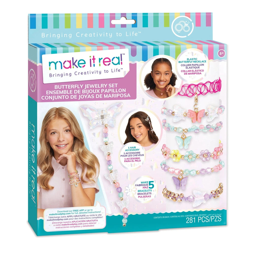 Butterfly jewelry set featuring a necklace, bracelet, earrings, and hair accessories in a colorful gradient packaging.