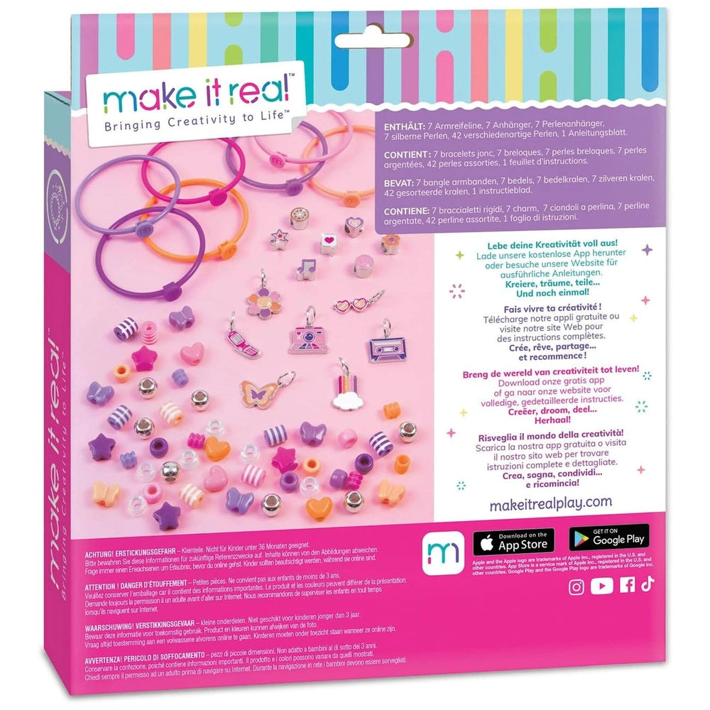 DIY Fashion Bracelet Set in vibrant colors on glossy cardboard packaging, featuring "make it real!" and "Bringing Creativity 