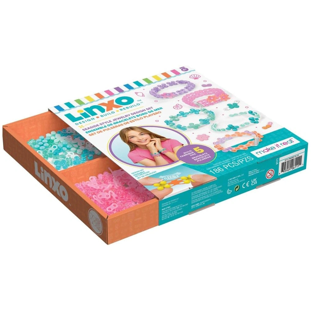 LINXO Seaside Jewelry Design Set packaging in orange cardboard with clear plastic window displaying colorful shapes and text.