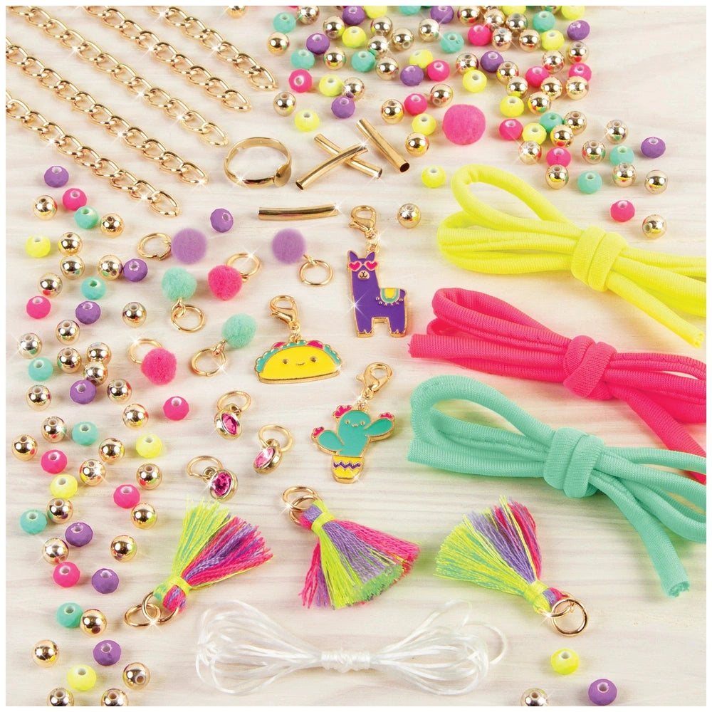 Neo-Brite Chains and Charms set featuring metal links, plastic beads, tassels, and various colorful charms for arts and craft