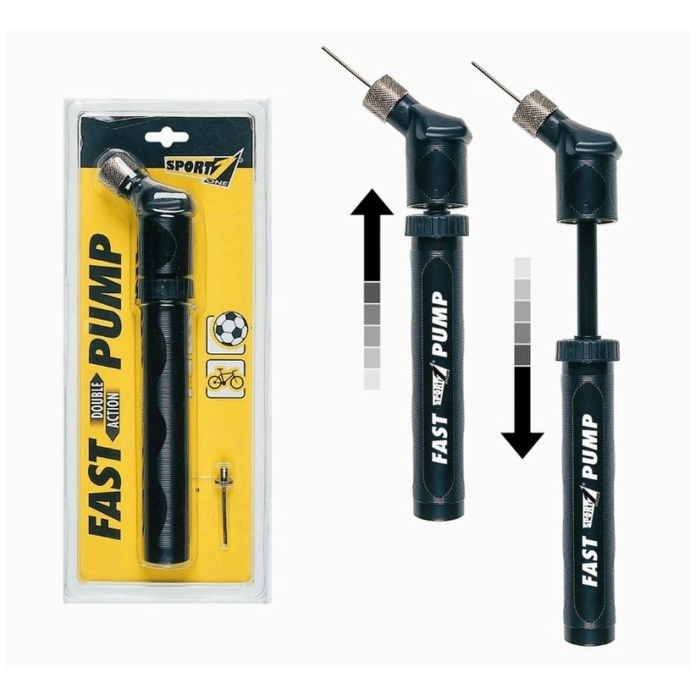 Mandelli ball pump in black and yellow with metallic nozzle, displayed in clear plastic packaging featuring "SPORT" and socce