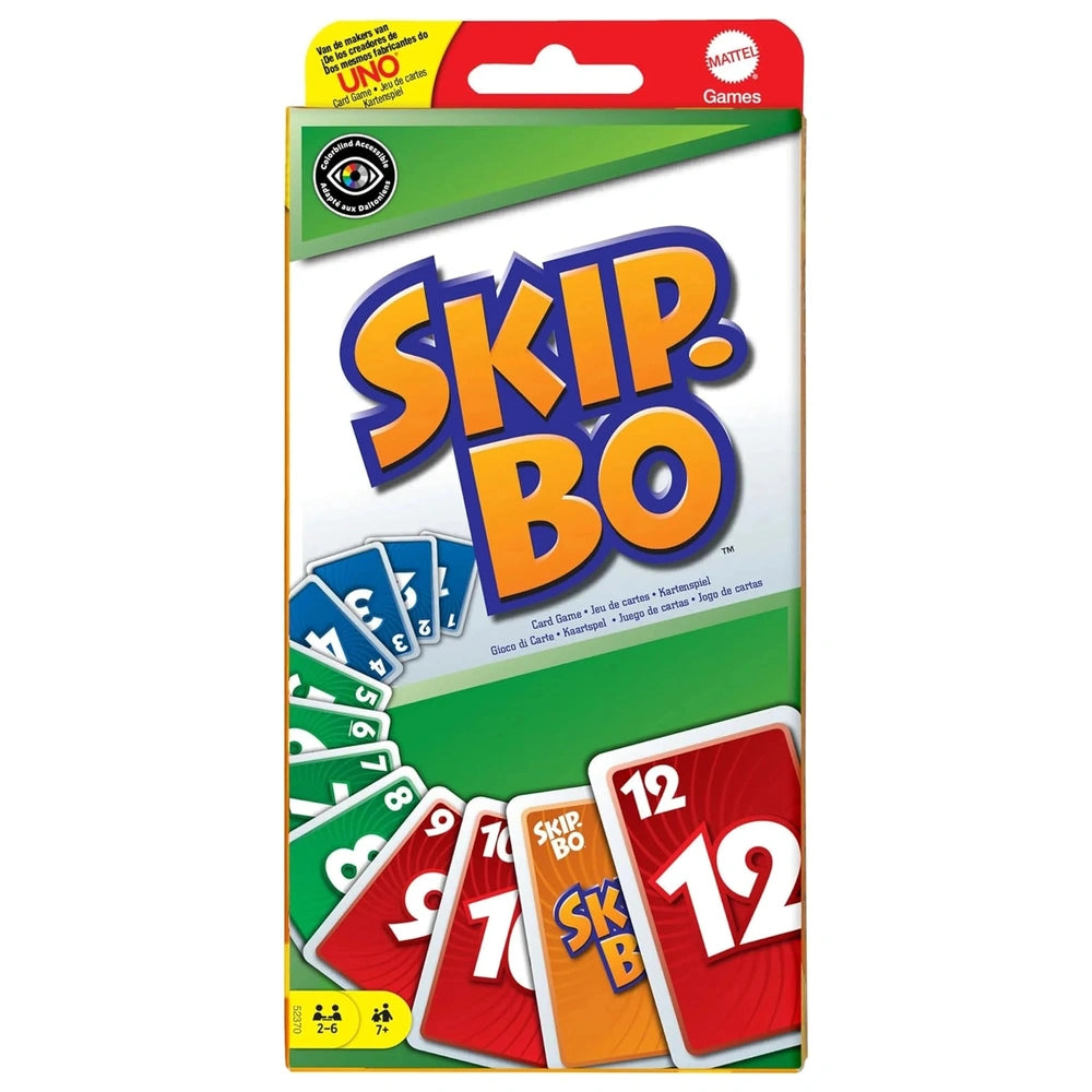 Skip-Bo Ultimate Sequencing Card Game packaging features a green background, bold orange "SKIP BO" text, and visible playing 