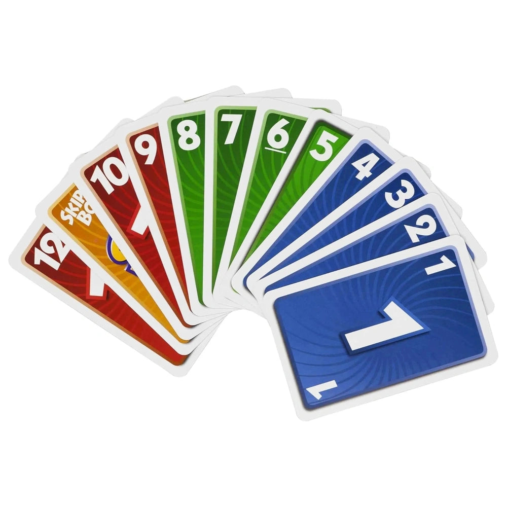 Skip-Bo Ultimate Sequencing Card Game features seven glossy cards arranged in a circular pattern with numbers 1 to 10.