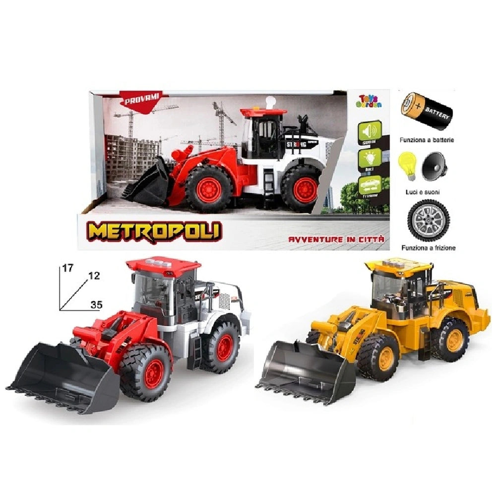 Metropoli heavy-duty front loader toy set includes a red tractor and yellow bulldozer with construction accessories in an urb