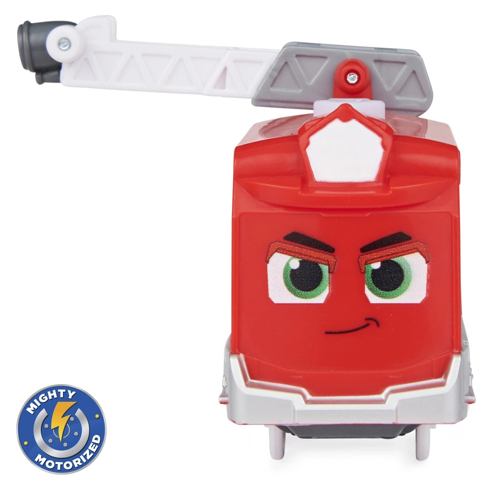 Mighty Express Motorized Train features a glossy red body, green eyes, and a white-gray antenna with a clear front window.
