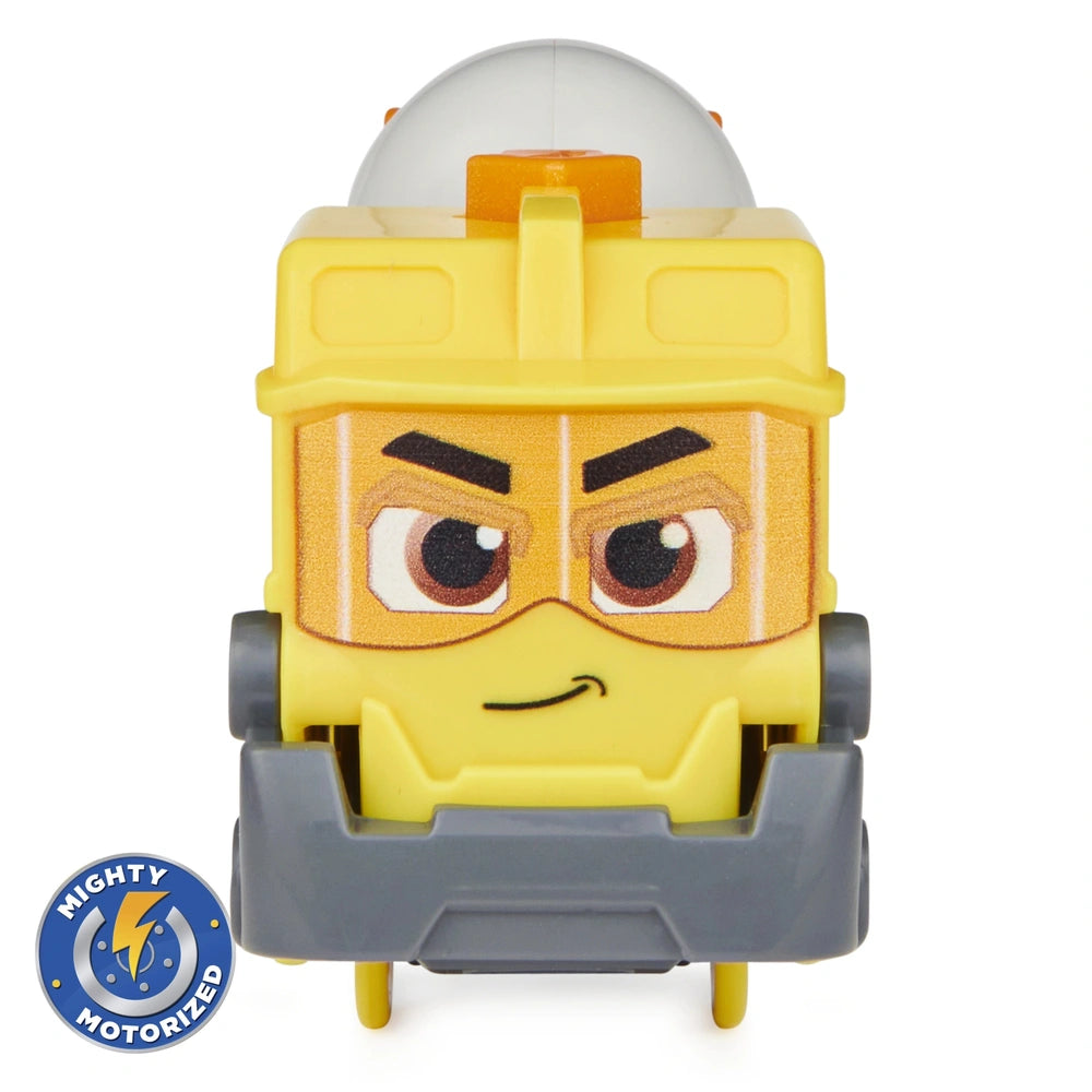 Mighty Express motorized train in yellow and gray plastic features wheels, windows, doors, and antenna.
