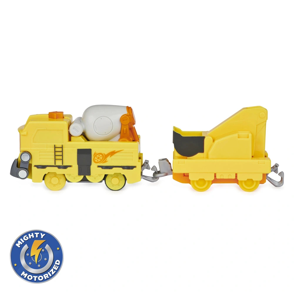 Mighty Express Motorized Train in yellow with glossy engine and matte car, featuring black tracks and wheels.