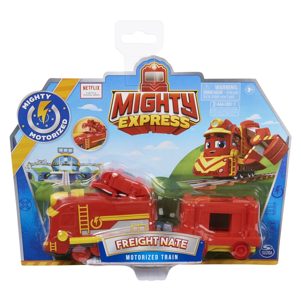 Mighty Express Motorized Train in red and yellow inside glossy blue packaging with clear window and warning labels.