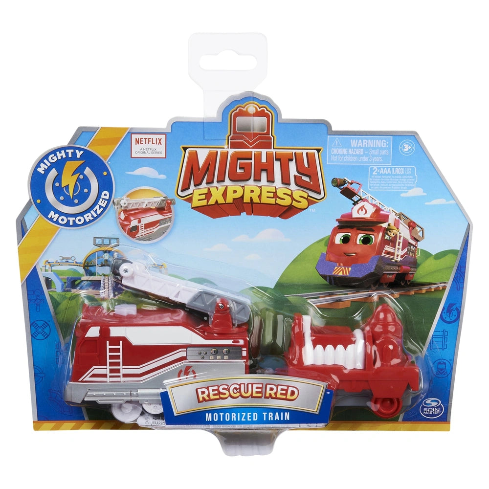 Mighty Express Motorized Train features a glossy blue package with red train, printed labels, and a clear plastic window.