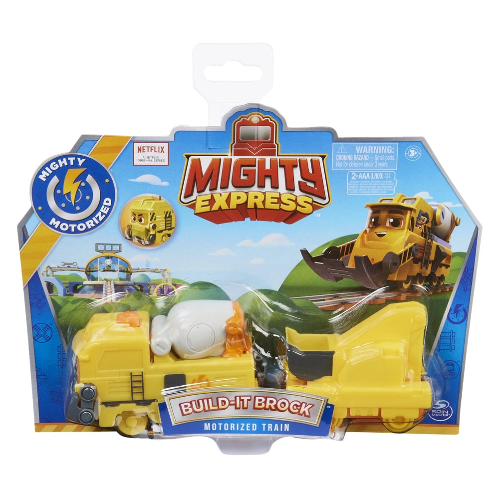 Mighty Express Motorized Train packaging features a yellow train and white character against a blue background with a clear w