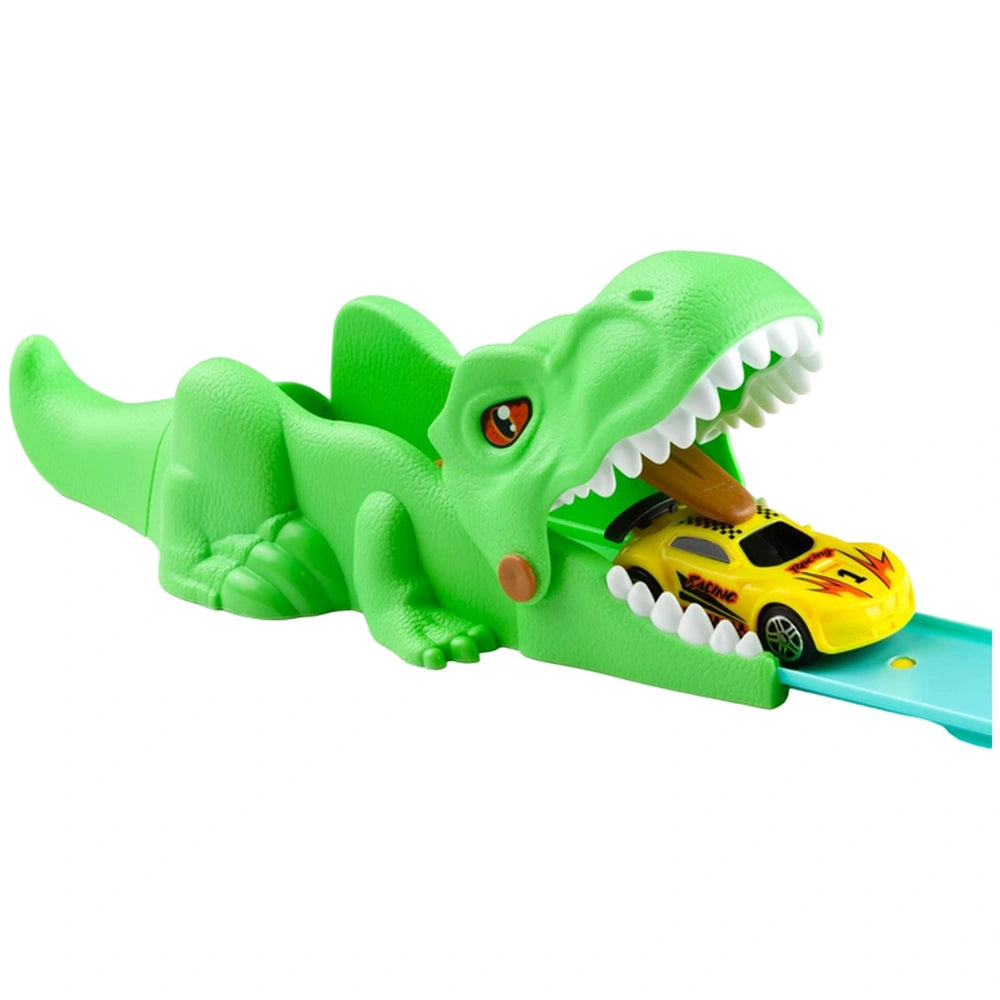 Green dinosaur toy holding a yellow race car with red accents, featuring glossy teeth and a shiny plastic finish.