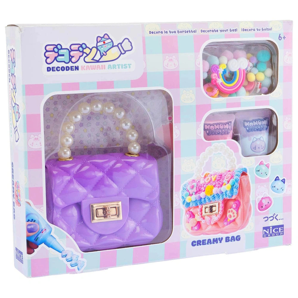 Momomi Decoden Kawaii Artist Creamy Bag in purple with pink accents, packaged in colorful plastic and printed paper.