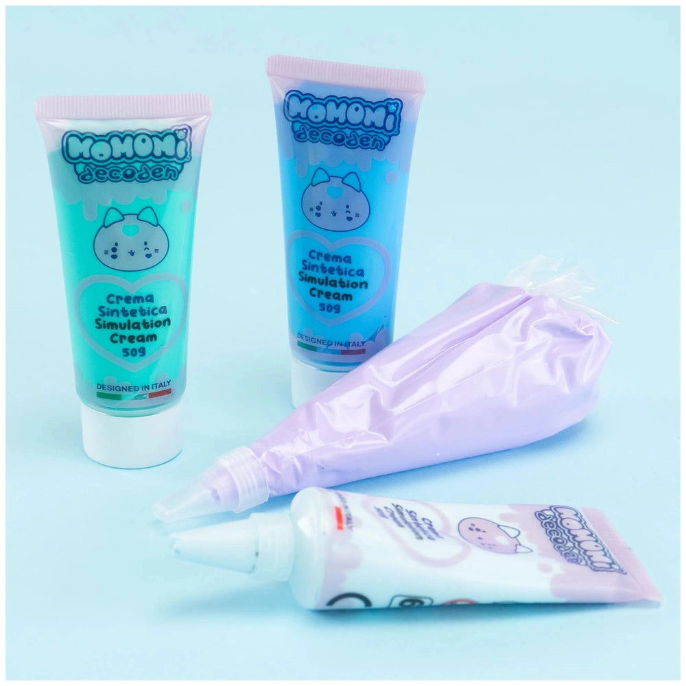 Momomi Decoden Kawaii Artist creamy phone cover featuring two tubes of cream in glossy packaging with blue and white text.
