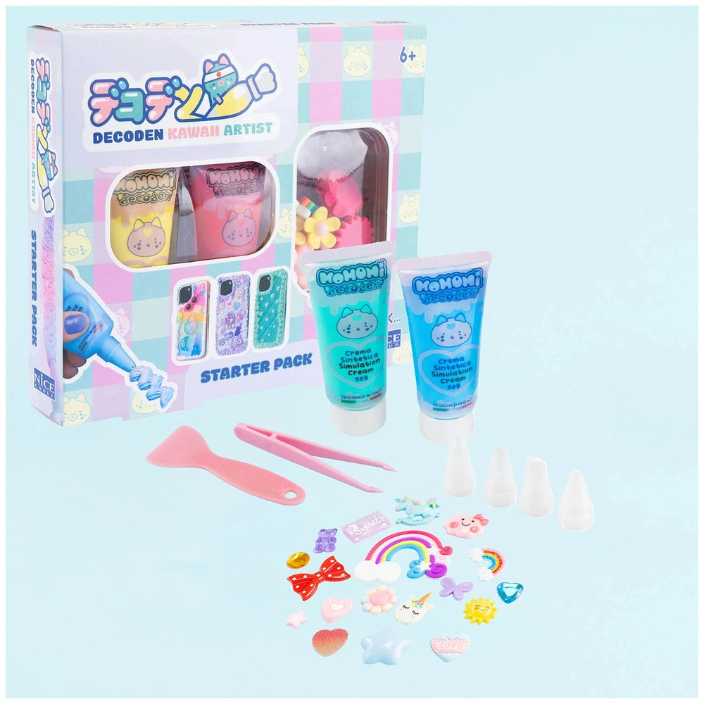 Momomi Decoden Kawaii Artist Creamy Phone Cover Starter Pack in pink checkered packaging with scissors, glue, and decorative 