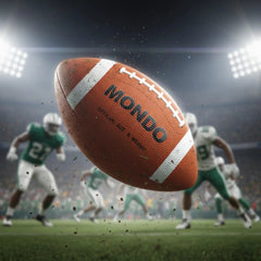 Mondo American Football Size 9 in motion on a grass field with players in green and white uniforms in the background.