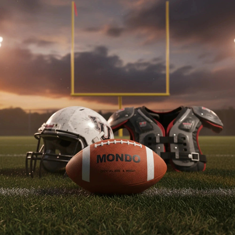 Mondo American football size 9 in a lifestyle scene with a white helmet, black pads, brown ball, and yellow goal post.