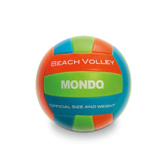 Mondo Beach Volleyball features colorful matte fabric, glossy plastic, and text "OFFICIAL SIZE AND WEIGHT" with vibrant color