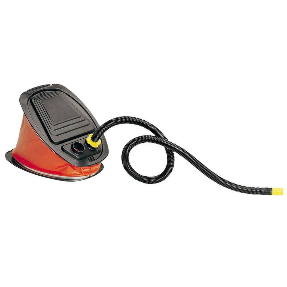 Mondo bellows inflating pump in red and black plastic with a yellow button and cord, designed for beach and sand toys.