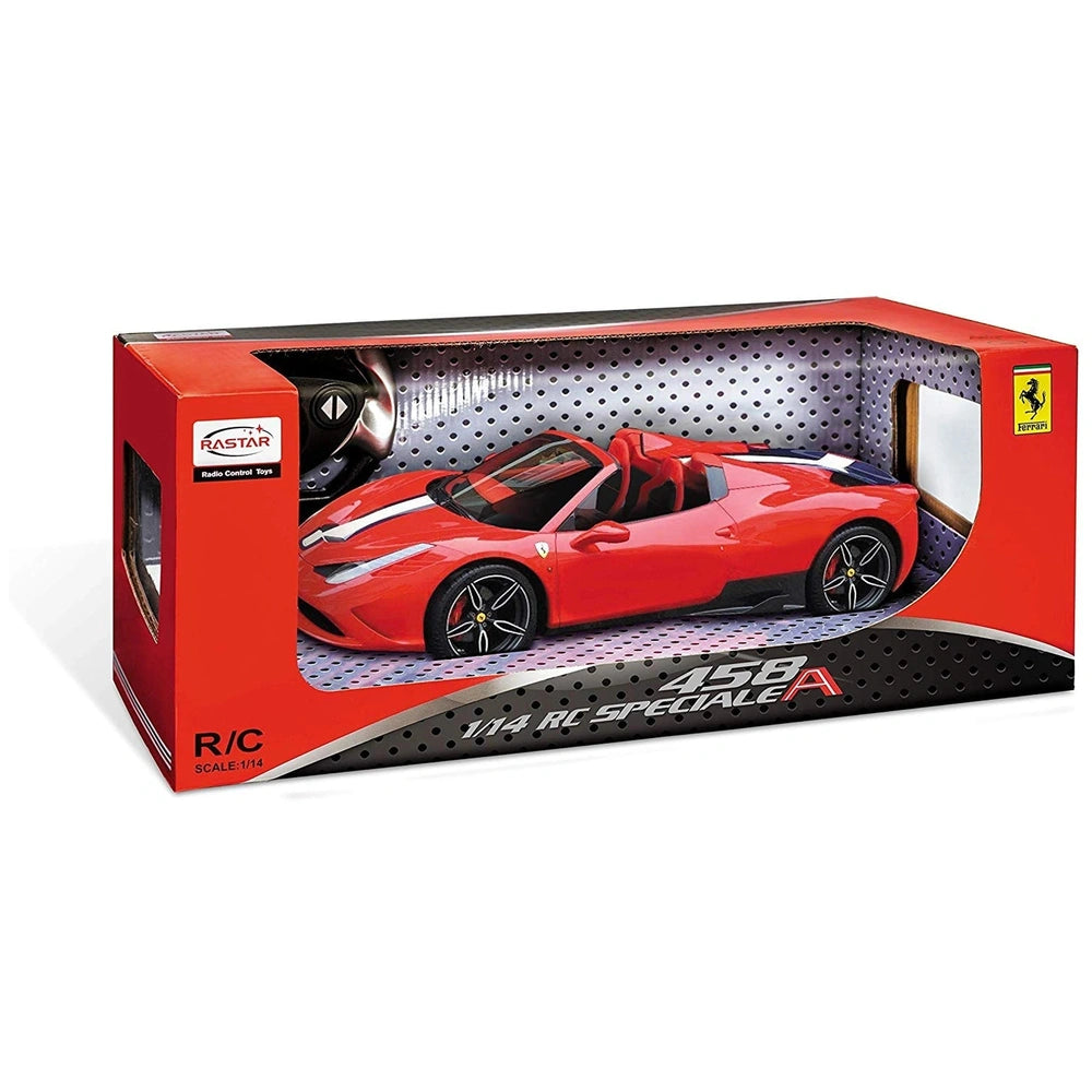 Mondo Ferrari 458 Speciale A radio-controlled toy car in red packaging with white and yellow labels showing scale and feature