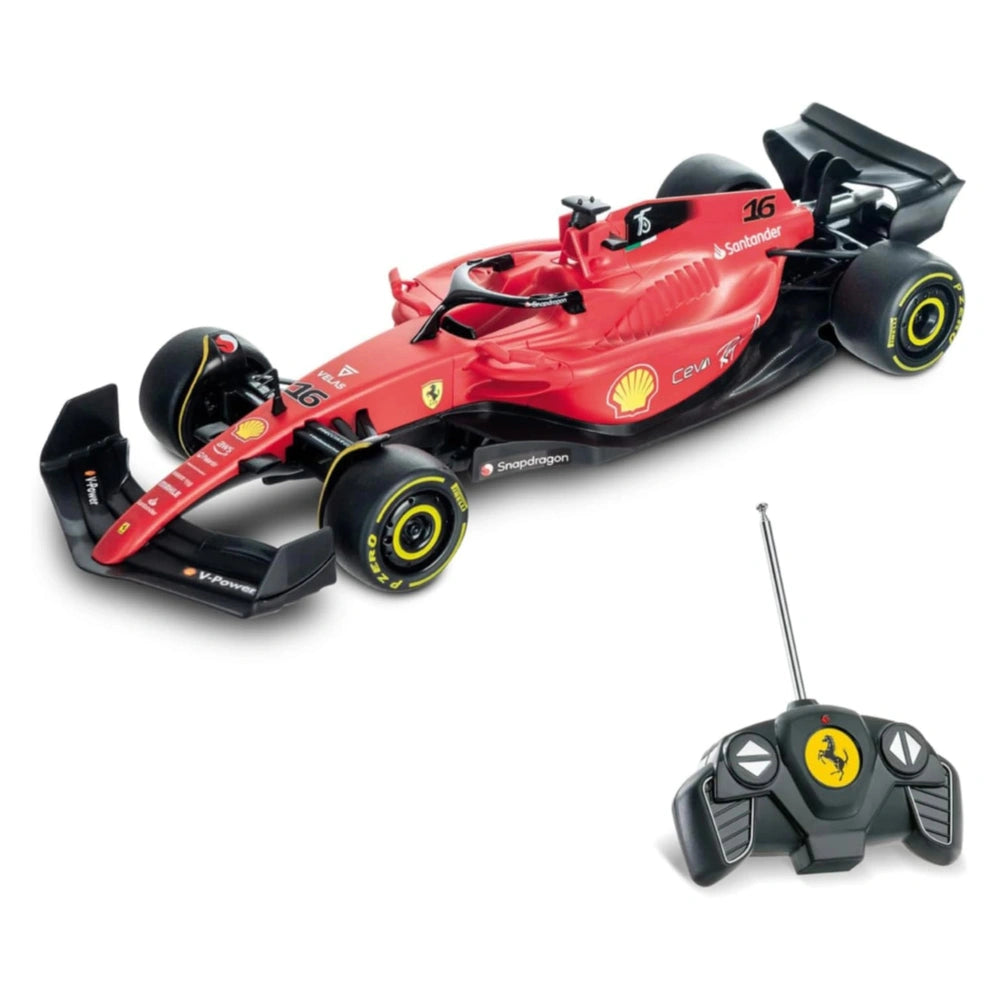 Red Ferrari F1 radio-controlled car with black wheels, yellow accents, and a black steering wheel featuring a yellow emblem.