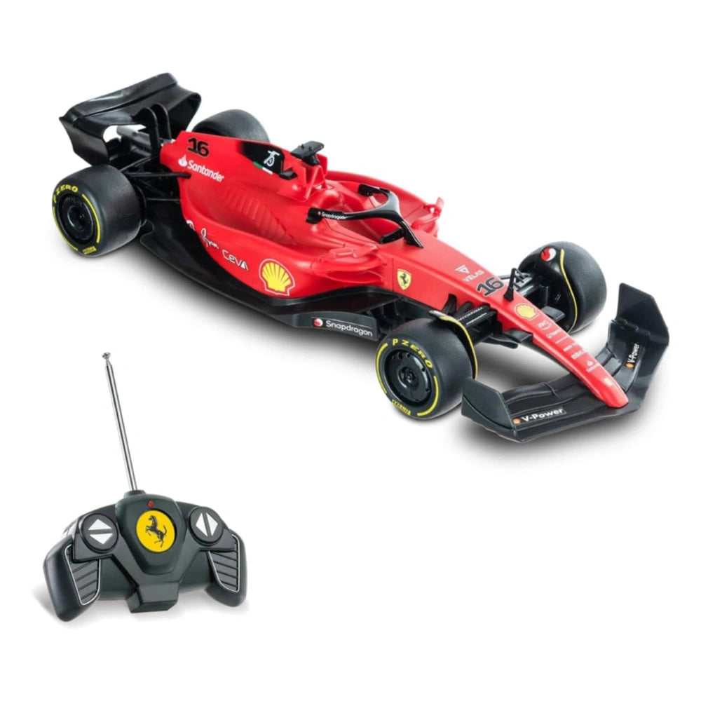 Mondo Ferrari F1 75 radio-controlled car in red and black, featuring detailed logos and accents on wheels and body.