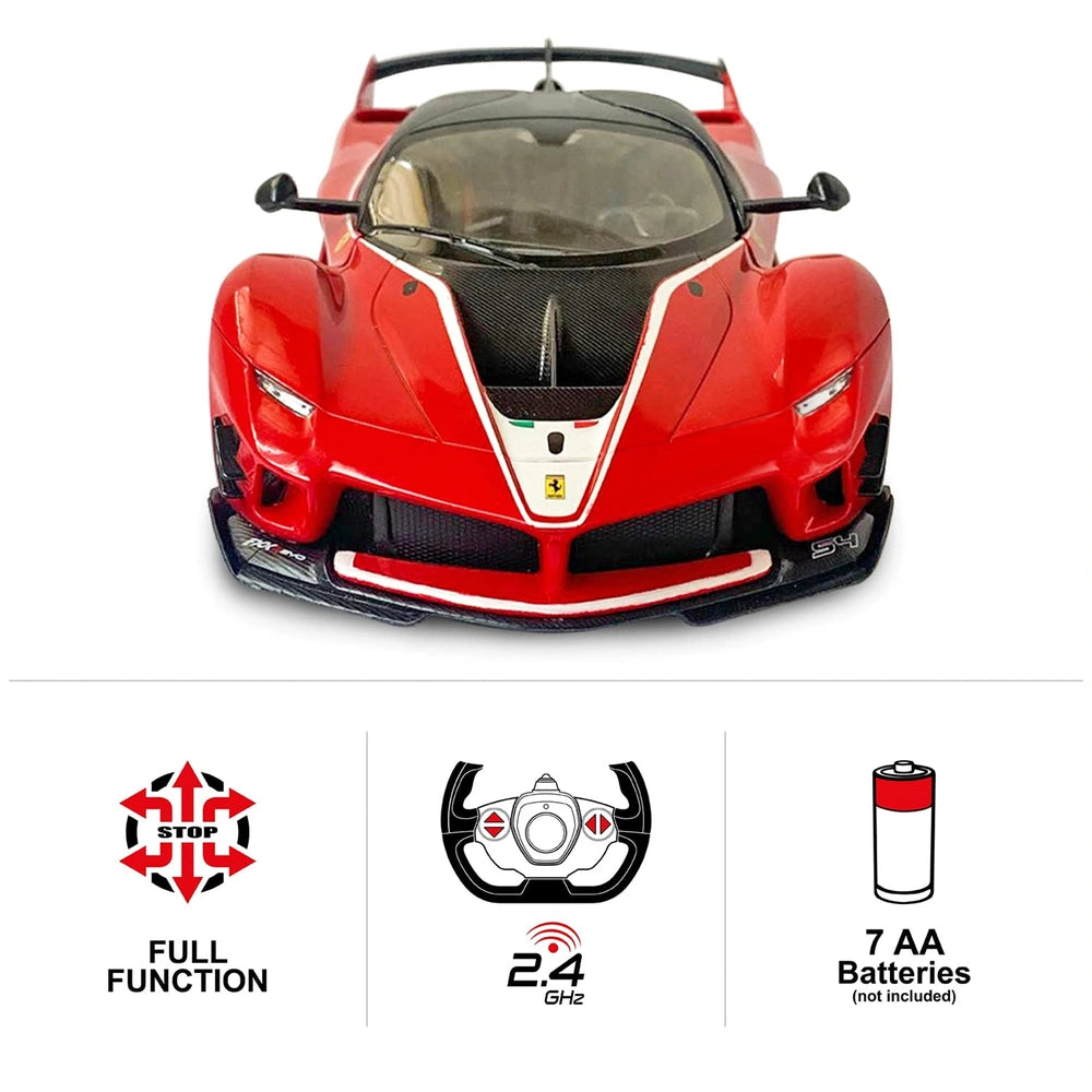 Ferrari FXX K EVO radio-controlled car in red with black accents, featuring a glossy body and detailed dashboard.
