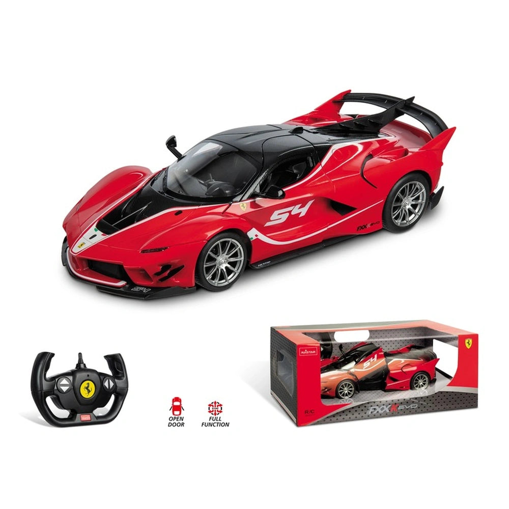 Mondo Ferrari FXX K EVO radio-controlled vehicle with red and black plastic features, full function, and opening doors.
