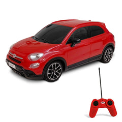 Mondo Fiat 500 X radio-controlled car in glossy red with black wheels and plastic antenna, showcasing detailed components.