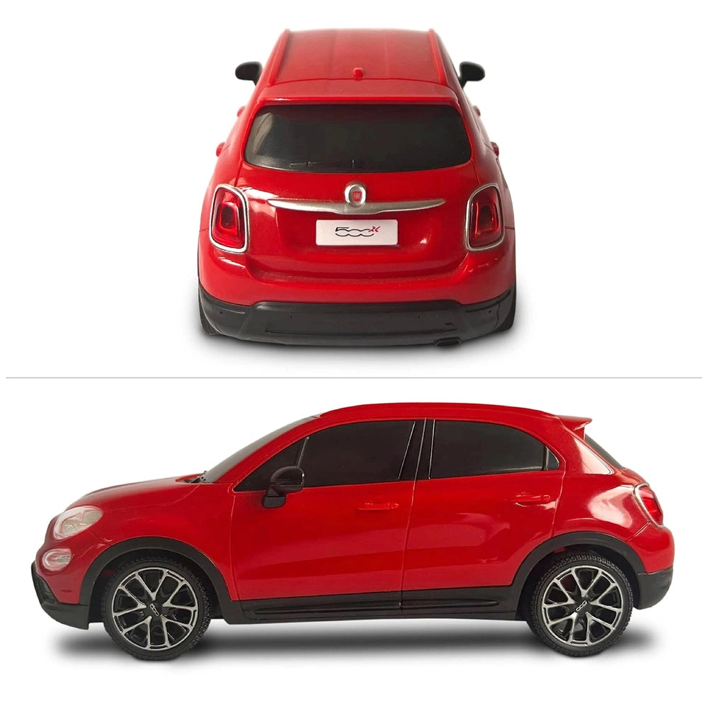 Mondo Fiat 500 X radio-controlled car features red body, black trim, clear windows, and detailed branding on mirrors and hand