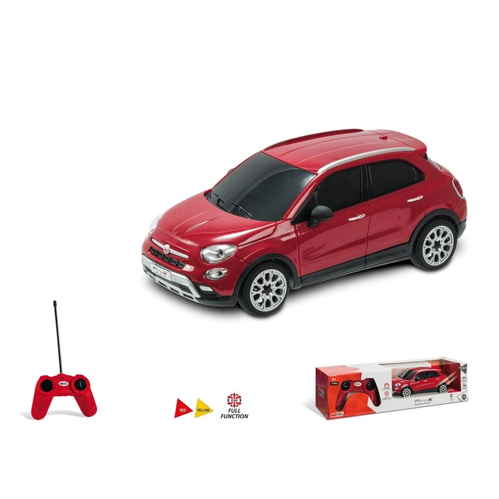 Red Fiat 500 X radio-controlled toy car with glossy finish, shiny metal wheels, and detailed features in matte cardboard pack