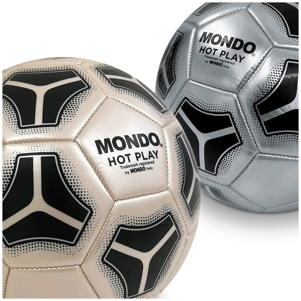 Mondo soccer ball features a black and white patterned surface with "MONDO HOT PLAY" and a stylized "M" logo.