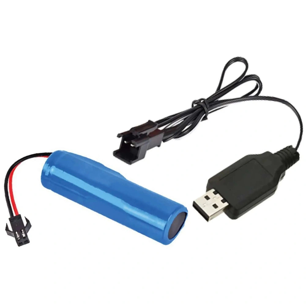 Mondo Motors RC-MX Bulldozer features a blue plastic cylindrical body with a black rubber USB cable and connector.