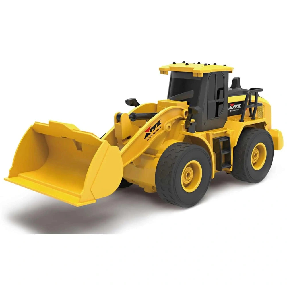 yellow RC bulldozer with black tires and multiple yellow loader attachments showcased from the front view.