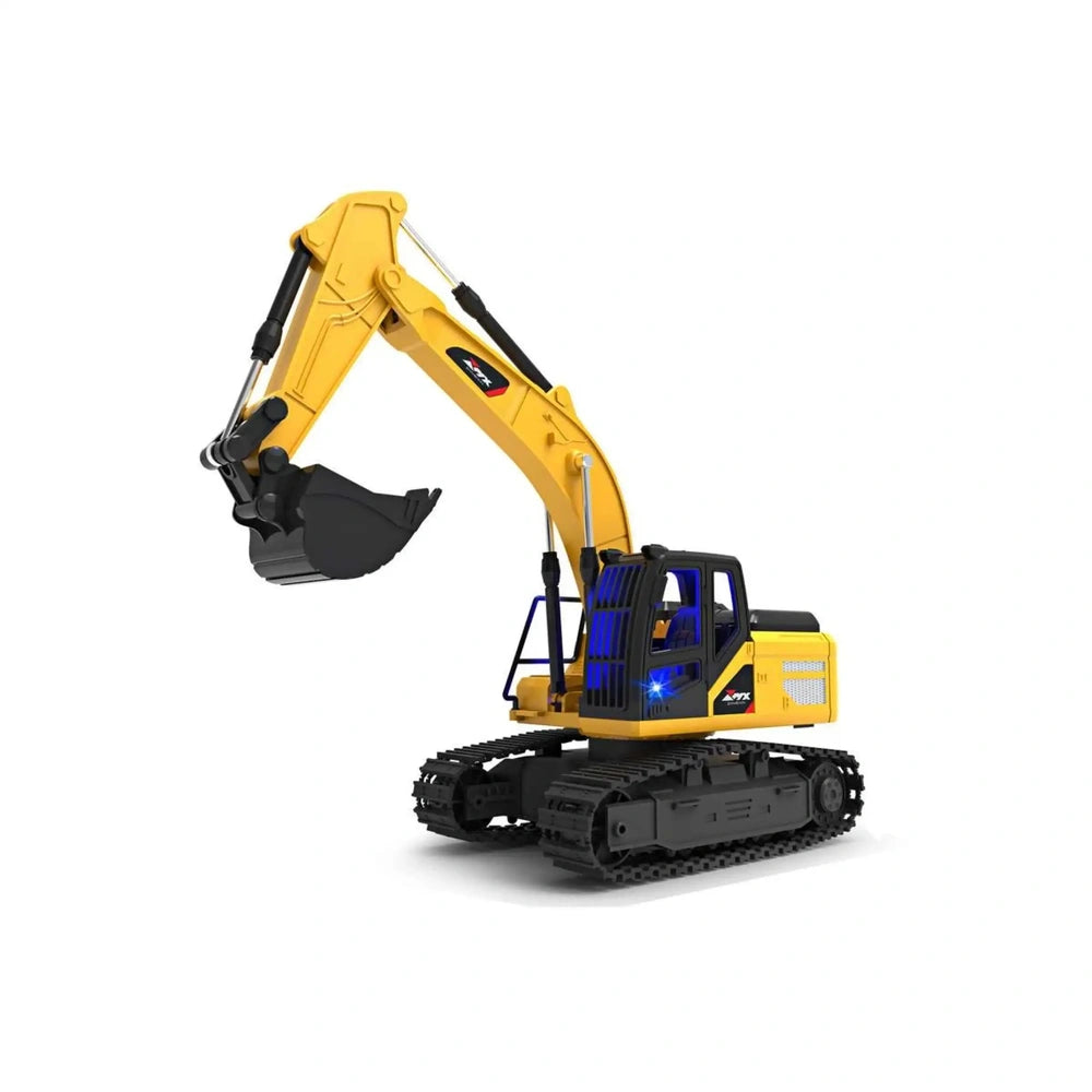 Mondo Motors RC MX Excavator in yellow and black, featuring a glossy finish, tracks, and a black bucket attachment.
