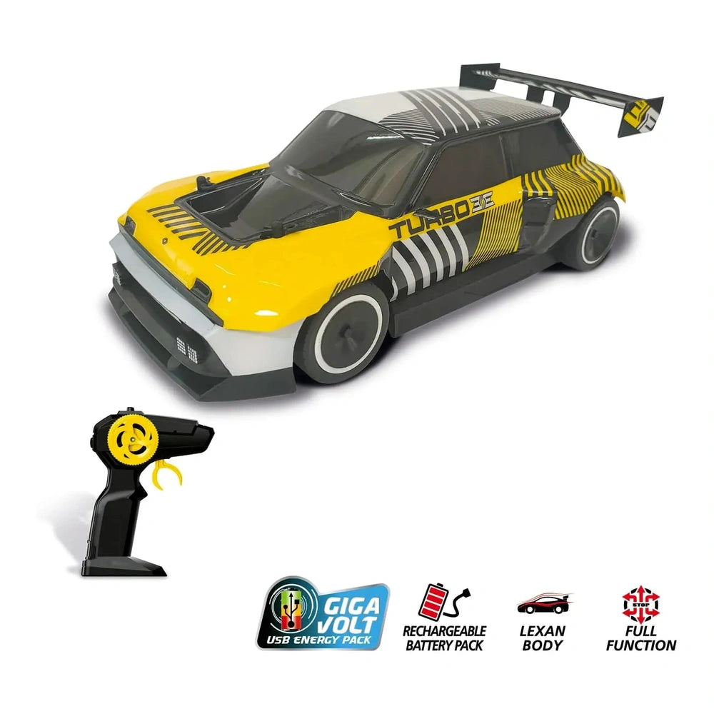 RC Renault 5 Turbo 3E in glossy yellow with black stripes, matte black roof, and black wheels with white centers.