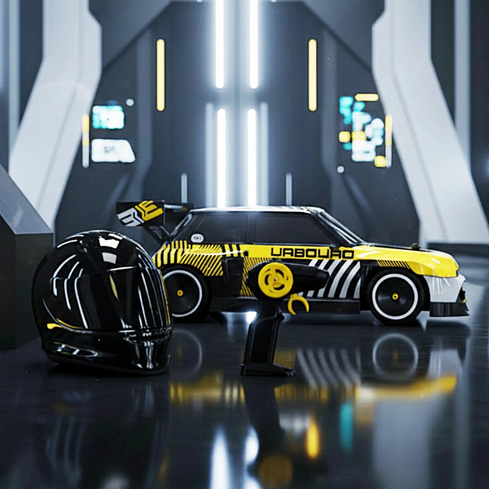 RC Renault 5 Turbo 3E in yellow and black with stripes, featuring a glossy finish and "UBABOUR" text.