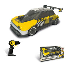 RC Renault 5 Turbo 3E features a glossy yellow and black striped plastic body, black wheels, and detailed black components.