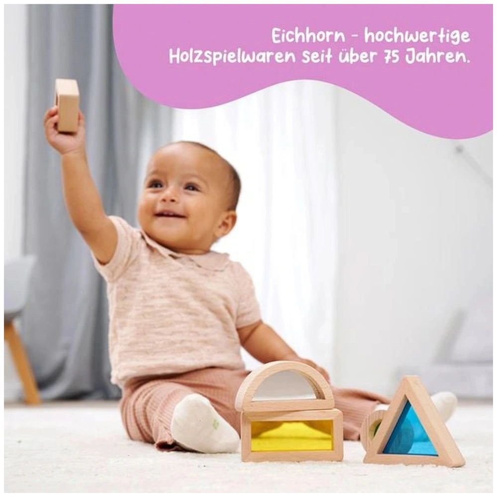 Montessori Window Building Blocks Set with a smiling child playing, colorful wooden toys in a bright, clean background.