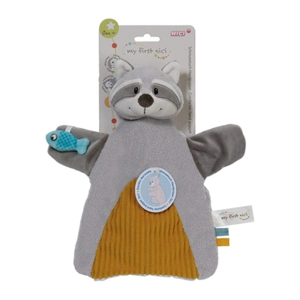 2in1 Raccoon hand puppet cuddle blanket in gray and yellow with blue fish accessory, packaged with clear plastic window.
