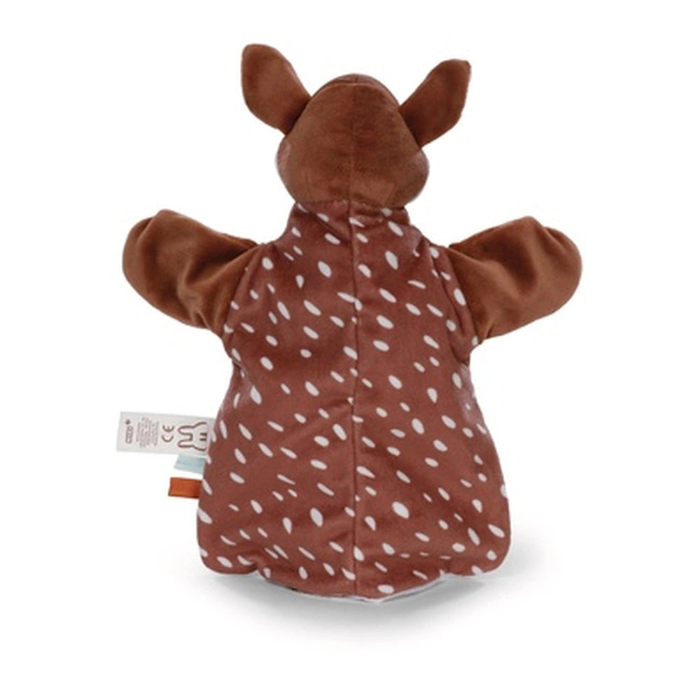 Brown plush Rehkitz teddy bear with white polka dots, featuring two ears, arms, legs, and a tag on its ear.