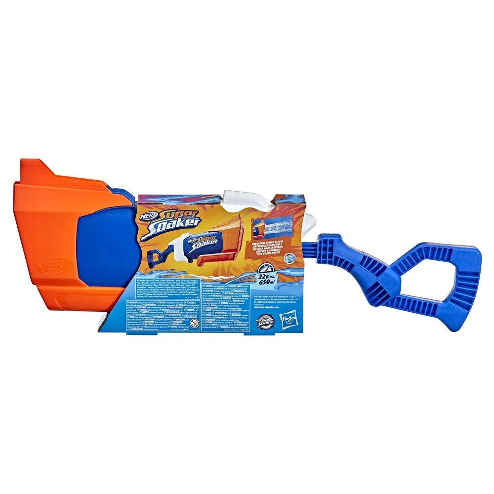 Nerf Super Soaker Rainstorm features orange and blue plastic parts with cardboard packaging displaying water capacity measure