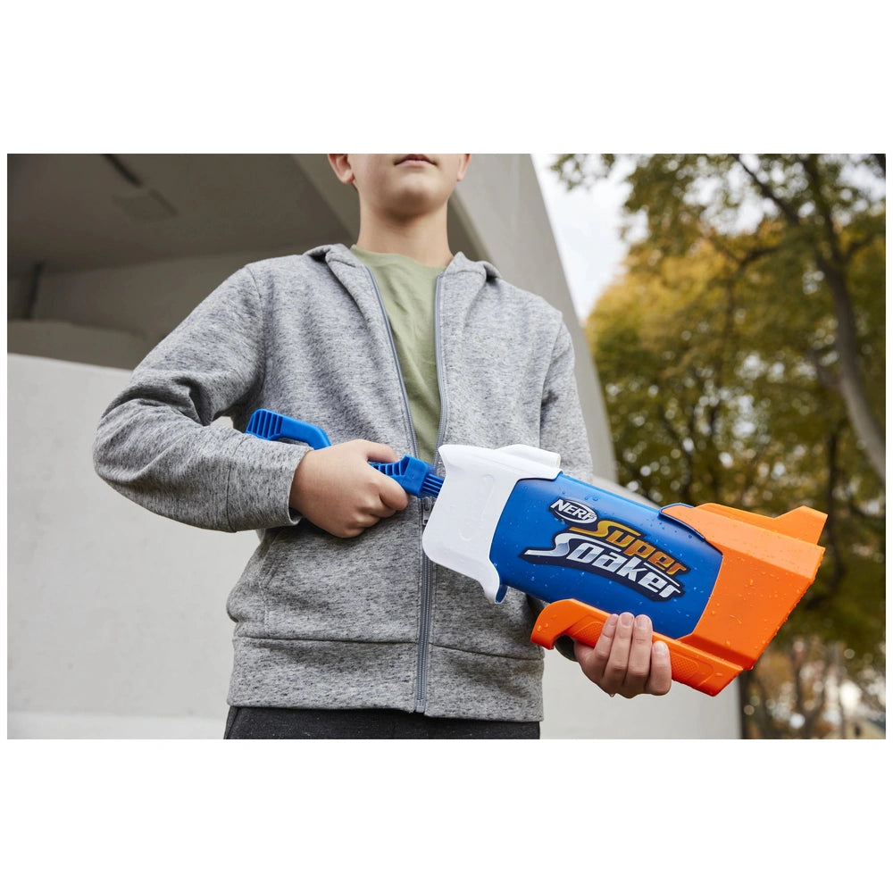 Nerf Super Soaker Rainstorm toy gun in orange and blue held by a person in a gray hoodie, displaying "NERF SUPER SOAKER" text