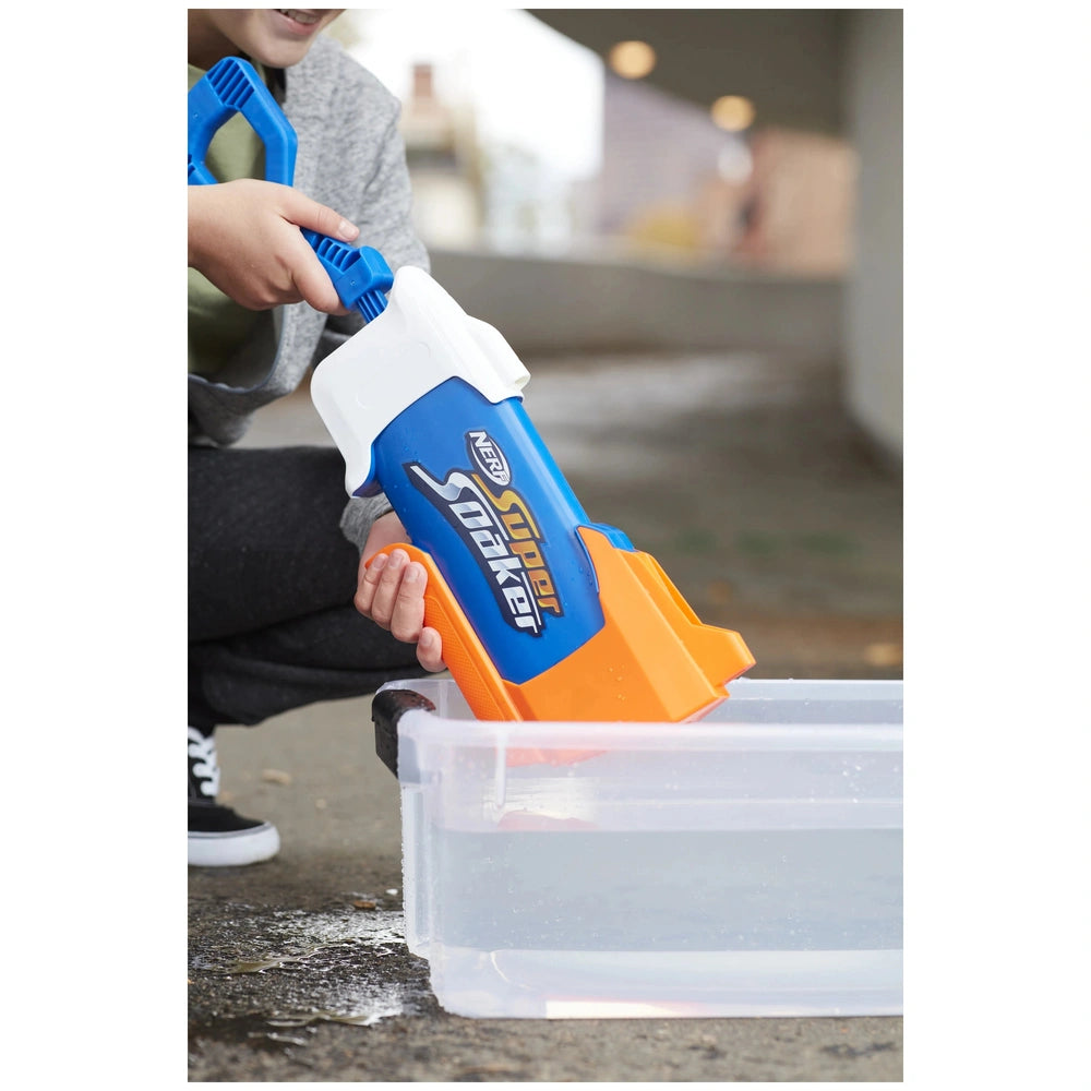 Nerf Super Soaker Rainstorm held by a person, featuring blue and white colors with visible "NERF," "SUPER," and "KICKER" text