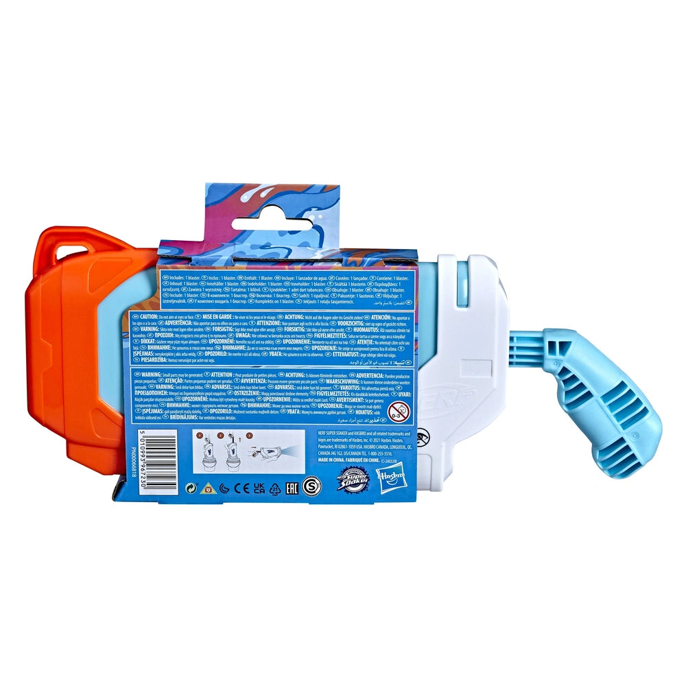 Nerf Super Soaker Torrent Water Blaster packaging features a glossy plastic front, blue background, and white text with a han