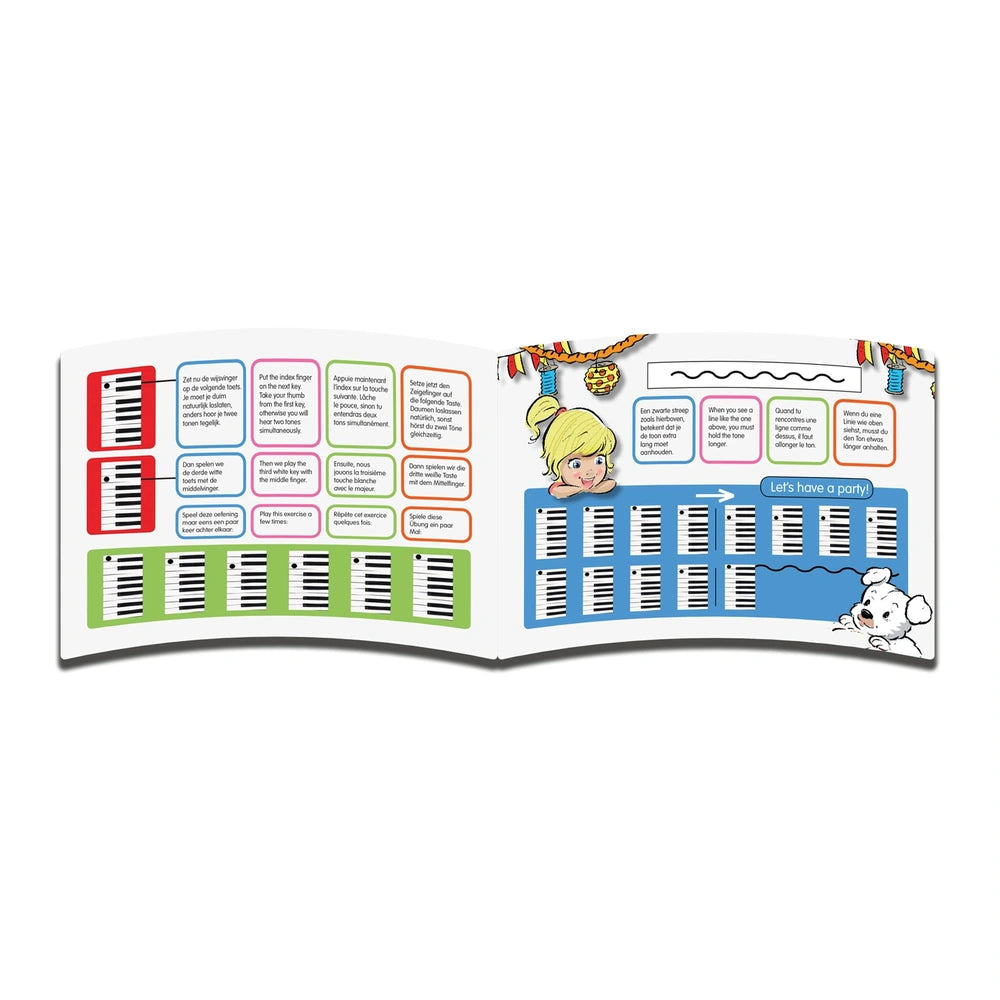 New Classic Toys black accordion with colorful music book featuring images of a girl and dog on glossy white background.