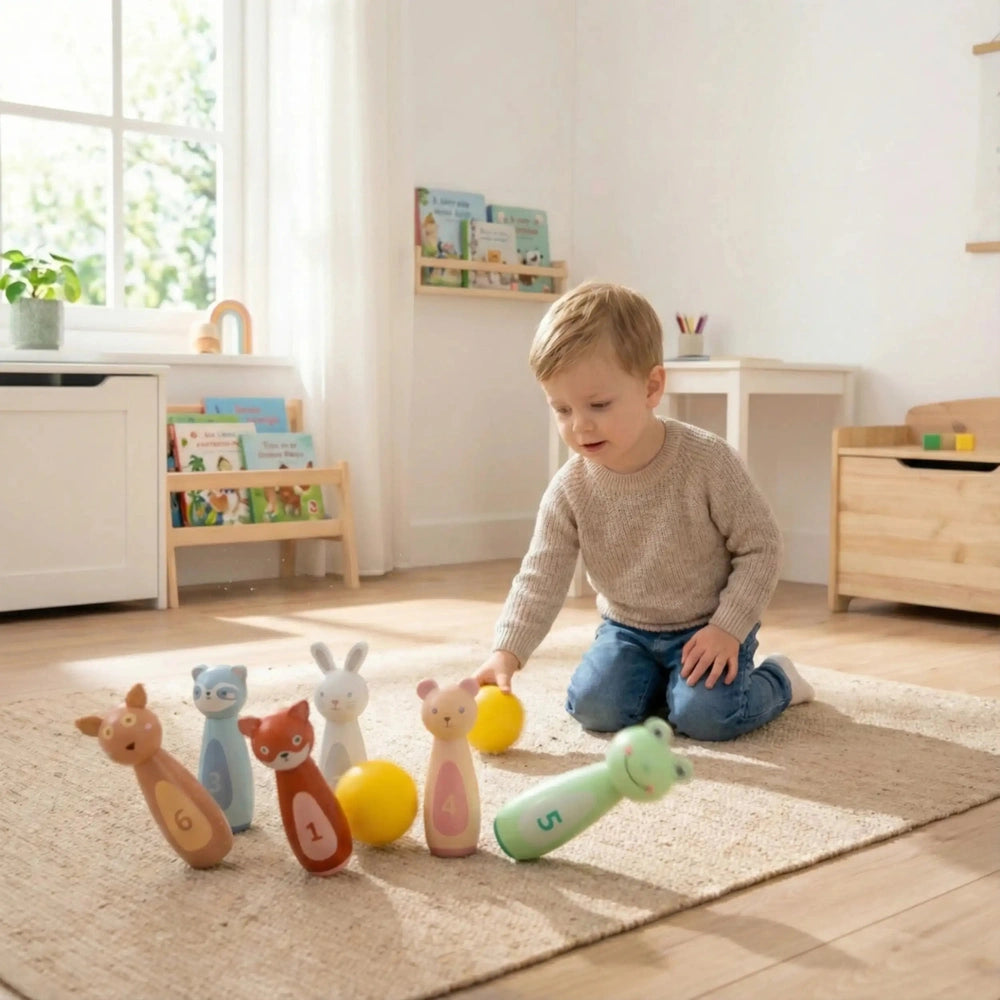 New Classic Toys bowling set features colorful animal-shaped toys as a child plays on a beige carpet.